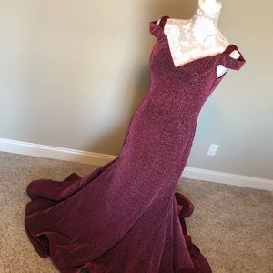 Ava Presley formal dress. Burgundy stretch off the shoulder mermaid gown size 10